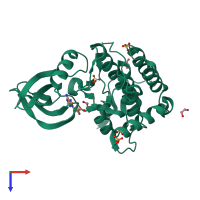 Monomeric assembly 3 of PDB entry 7p7f coloured by chemically distinct molecules, top view.