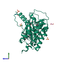 Monomeric assembly 4 of PDB entry 7p7f coloured by chemically distinct molecules, side view.