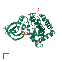 Monomeric assembly 4 of PDB entry 7p7f coloured by chemically distinct molecules, top view.