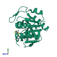 PDB entry 7pa2 coloured by chain, side view.