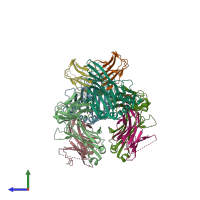 PDB entry 7pb2 coloured by chain, side view.