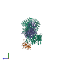 PDB entry 7peb coloured by chain, side view.