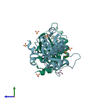 PDB entry 7pjb coloured by chain, side view.