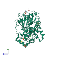 PDB entry 7pjr coloured by chain, side view.