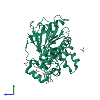 PDB entry 7pk3 coloured by chain, side view.