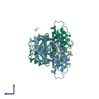 PDB entry 7poe coloured by chain, side view.