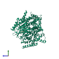 PDB entry 7pop coloured by chain, side view.