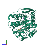 PDB entry 7pw1 coloured by chain, side view.