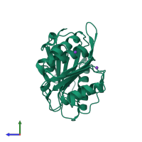 PDB entry 7pzj coloured by chain, side view.