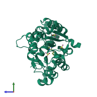 Monomeric assembly 1 of PDB entry 7q2b coloured by chemically distinct molecules, side view.