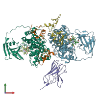 PDB entry 7qbd coloured by chain, front view.