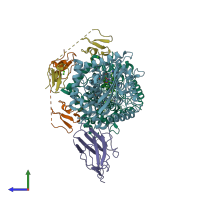 PDB entry 7qbd coloured by chain, side view.