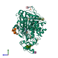PDB entry 7qbr coloured by chain, side view.