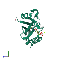 PDB entry 7qf3 coloured by chain, side view.