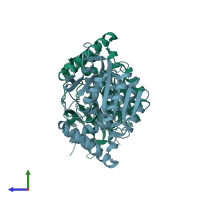 PDB entry 7qjm coloured by chain, side view.