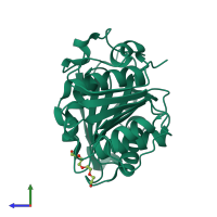 PDB entry 7qjp coloured by chain, side view.