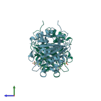 PDB entry 7qp0 coloured by chain, side view.