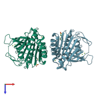 PDB entry 7qp0 coloured by chain, top view.