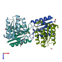 PDB entry 7qsq coloured by chain, top view.