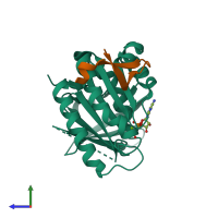 PDB entry 7qv8 coloured by chain, side view.