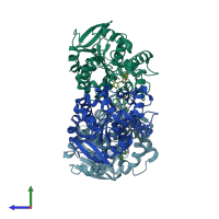 PDB entry 7qxq coloured by chain, side view.