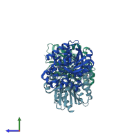 PDB entry 7qxr coloured by chain, side view.