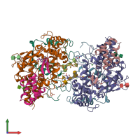 PDB entry 7qzr coloured by chain, front view.