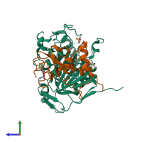 PDB entry 7r1t coloured by chain, side view.