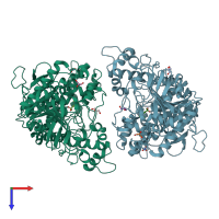 PDB entry 7rb6 coloured by chain, top view.