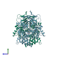 PDB entry 7rb7 coloured by chain, side view.