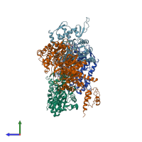 PDB entry 7rb8 coloured by chain, side view.