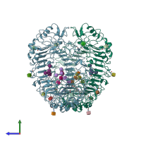 PDB entry 7rc9 coloured by chain, side view.