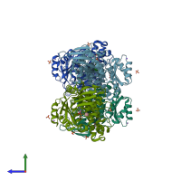 PDB entry 7rcl coloured by chain, side view.