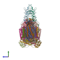 PDB entry 7rh7 coloured by chain, side view.