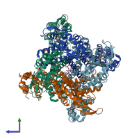 PDB entry 7rhk coloured by chain, side view.