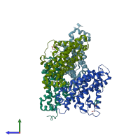 PDB entry 7rj1 coloured by chain, side view.