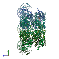PDB entry 7rlb coloured by chain, side view.