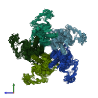 PDB entry 7rpm coloured by chain, ensemble of 15 models, side view.