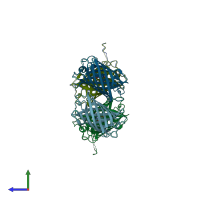 PDB entry 7rri coloured by chain, side view.