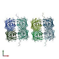 PDB entry 7rrj coloured by chain, front view.