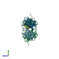 PDB entry 7rrj coloured by chain, side view.