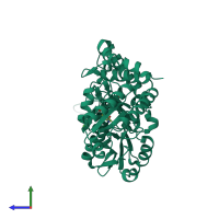 PDB entry 7rrn coloured by chain, side view.