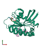 PDB entry 7rt5 coloured by chain, front view.