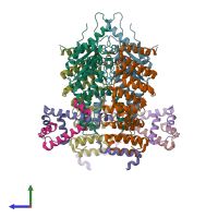 PDB entry 7rua coloured by chain, side view.