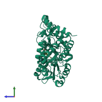 PDB entry 7rw3 coloured by chain, side view.