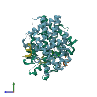 PDB entry 7sfo coloured by chain, side view.