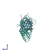 PDB entry 7shw coloured by chain, side view.