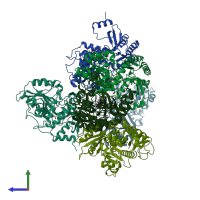 PDB entry 7ta1 coloured by chain, side view.