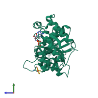 PDB entry 7tqf coloured by chain, side view.