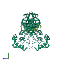 Homo dimeric assembly 1 of PDB entry 7tvs coloured by chemically distinct molecules, side view.